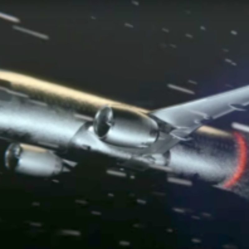 A silver airplane is shown flying through space, depicted at a tilted angle with stars and trails indicating motion in the background.