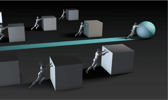 Digital illustration of several figures pushing box-shaped objects while one figure pushes a spherical object along a turquoise path.