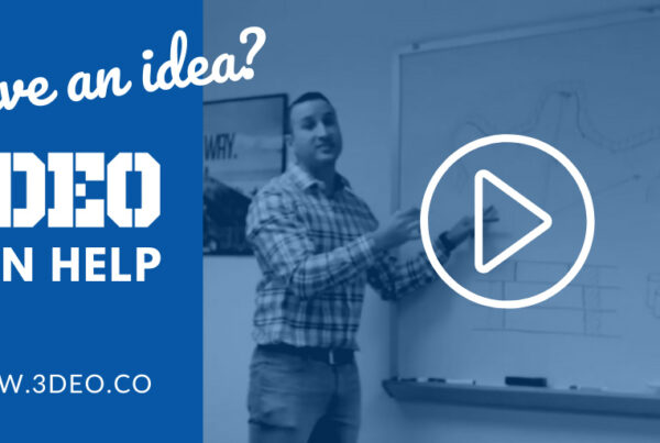 A man in a checkered shirt stands at a whiteboard explaining a concept with drawings. Text includes "Have an idea? 3DEO can help" and the website URL "reikathermal.com". There is a play button icon overlay.