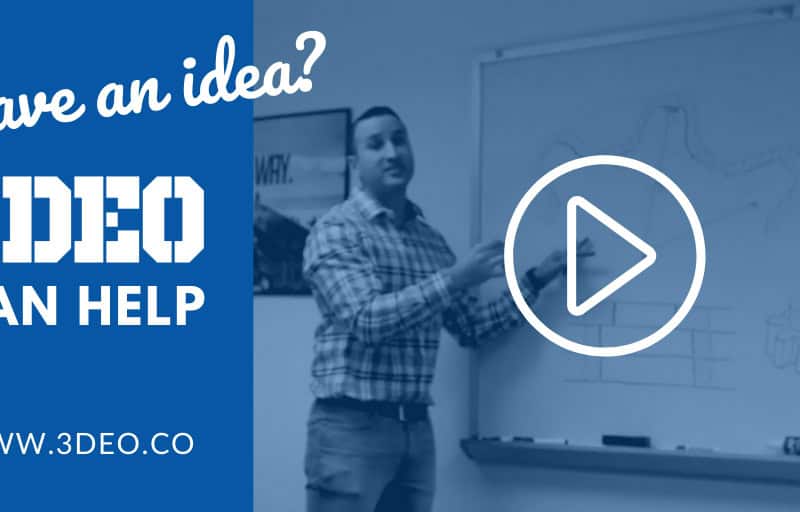 A man in a checkered shirt stands at a whiteboard explaining a concept with drawings. Text includes "Have an idea? 3DEO can help" and the website URL "reikathermal.com". There is a play button icon overlay.