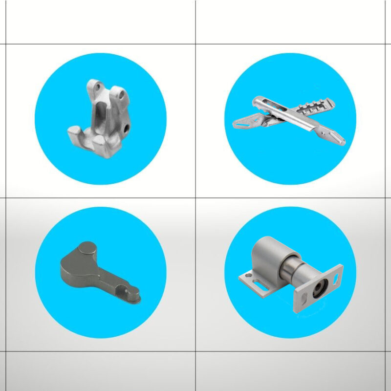 Four mechanical components displayed in a 2x2 grid on a light background with blue circles highlighting each part.