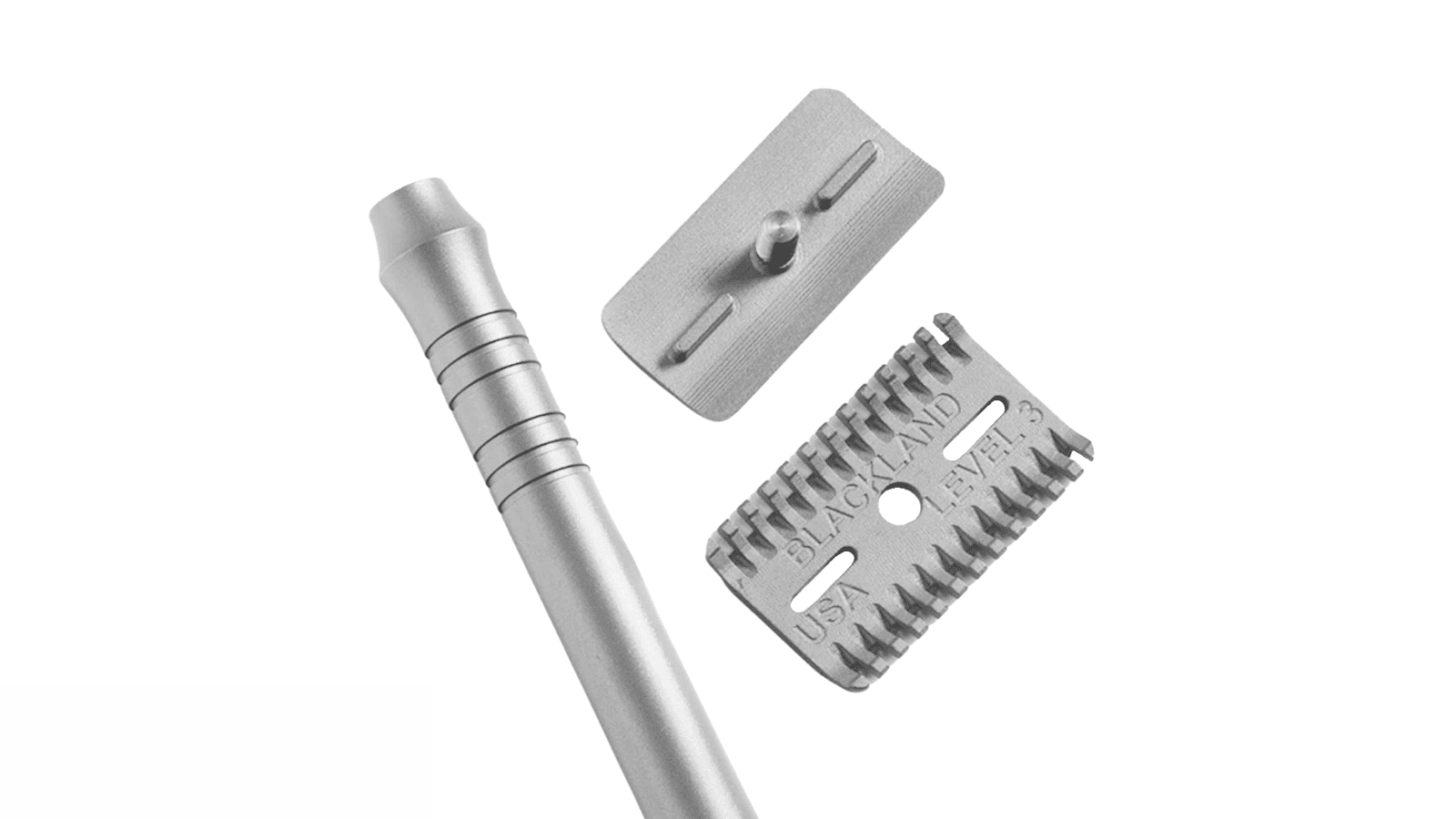 3DEO Named Category Winner at TCT Awards 2022 Three 3D printing case studies on metal shaving razor components isolated on a white background: handle, blade, and head.