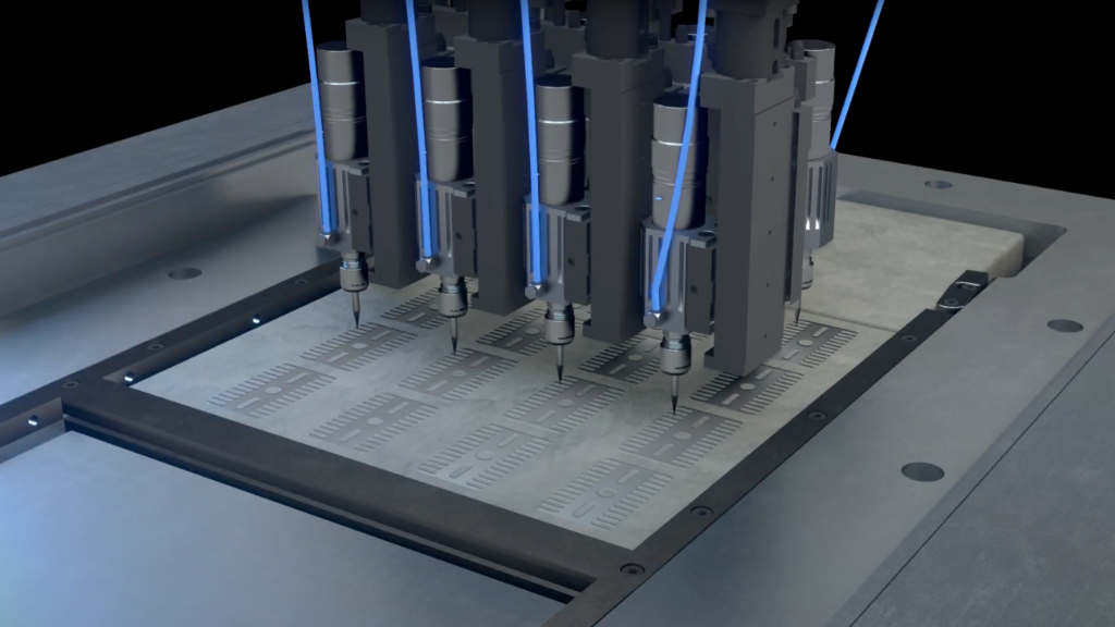 3DEO's Intelligent Layering technology in use as the spindles cut part geometry into the metal powder bed.
