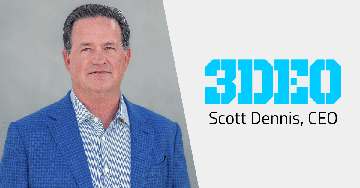 3DEO Announces Scott Dennis as New Chief Executive Officer A man in a blue jacket and button-up shirt stands beside the text "3DEO Scott Dennis, CEO" on a light gray background, showcasing his company's excellence in winning Design Excellence Awards.