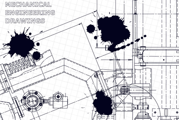 Mechanical engineering blueprint with technical drawings, ink splatters, and hints of assembly complexity. The text "MECHANICAL ENGINEERING DRAWINGS" is in the top left corner.