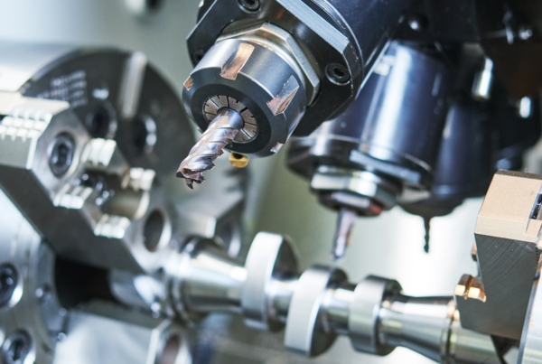 Close-up of a CNC machine with a drill bit poised over a metal workpiece that isn't able to create thin walls, internal channels or hidden geometry like Additive Manufacturing can.